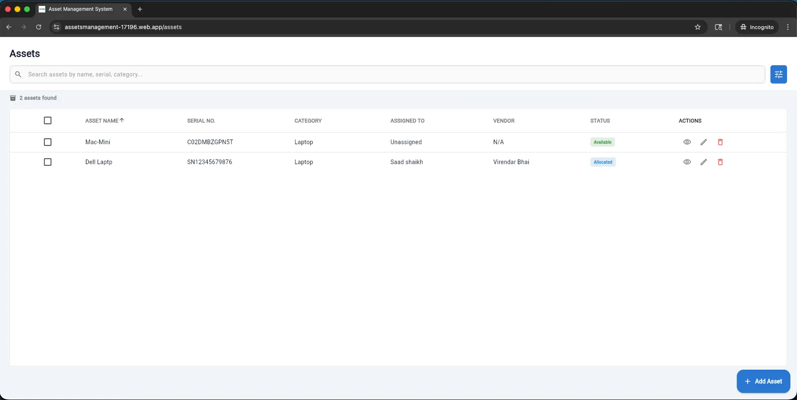 AMS Codex â€” Asset Management System screen 3
