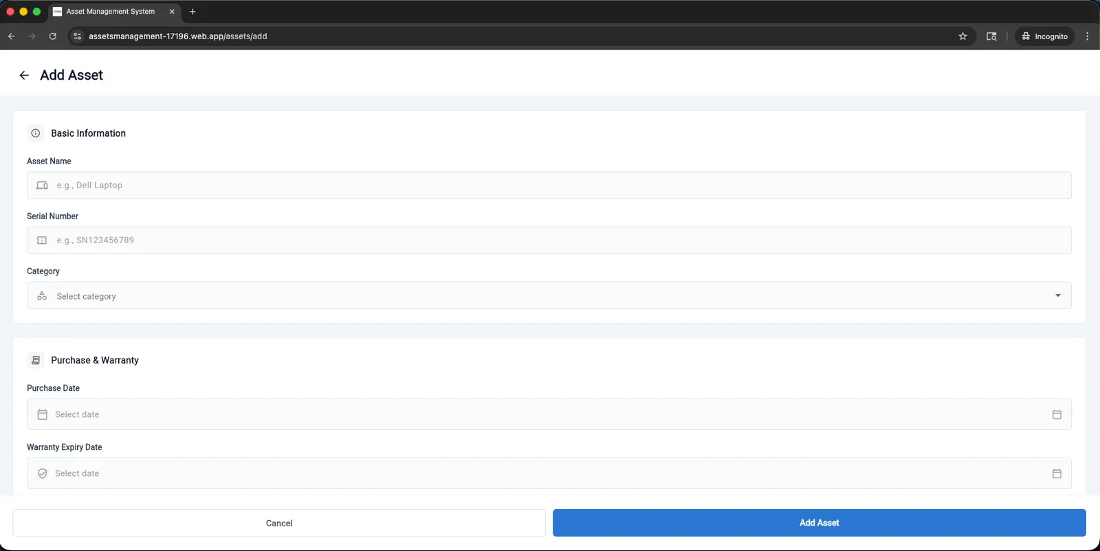 AMS Codex â€” Asset Management System screen 6