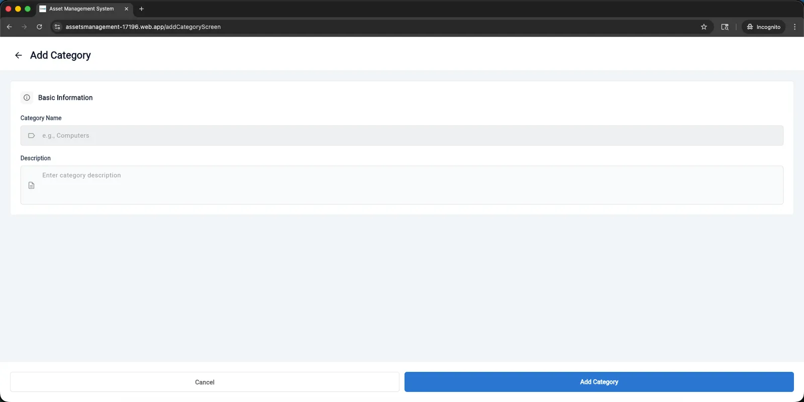 AMS Codex â€” Asset Management System screen 7
